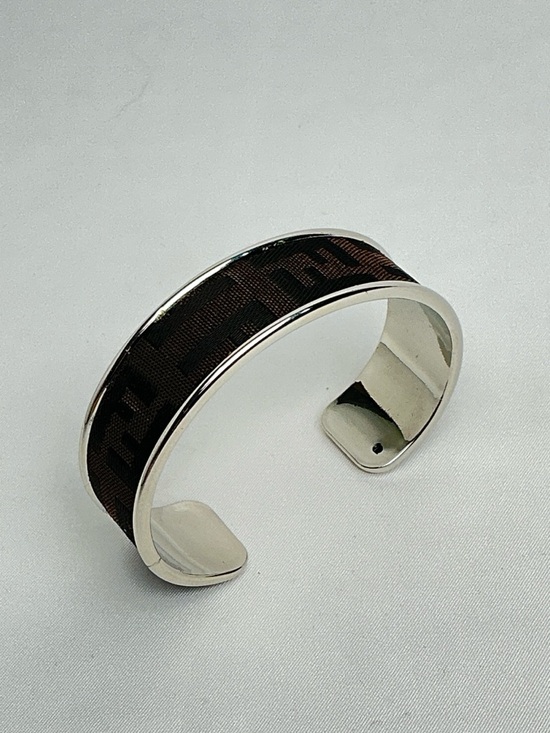 FENDI Brown Monogram Cloth Canvas Silver Cuff Bangle Bracelet - Picture 2 of 8